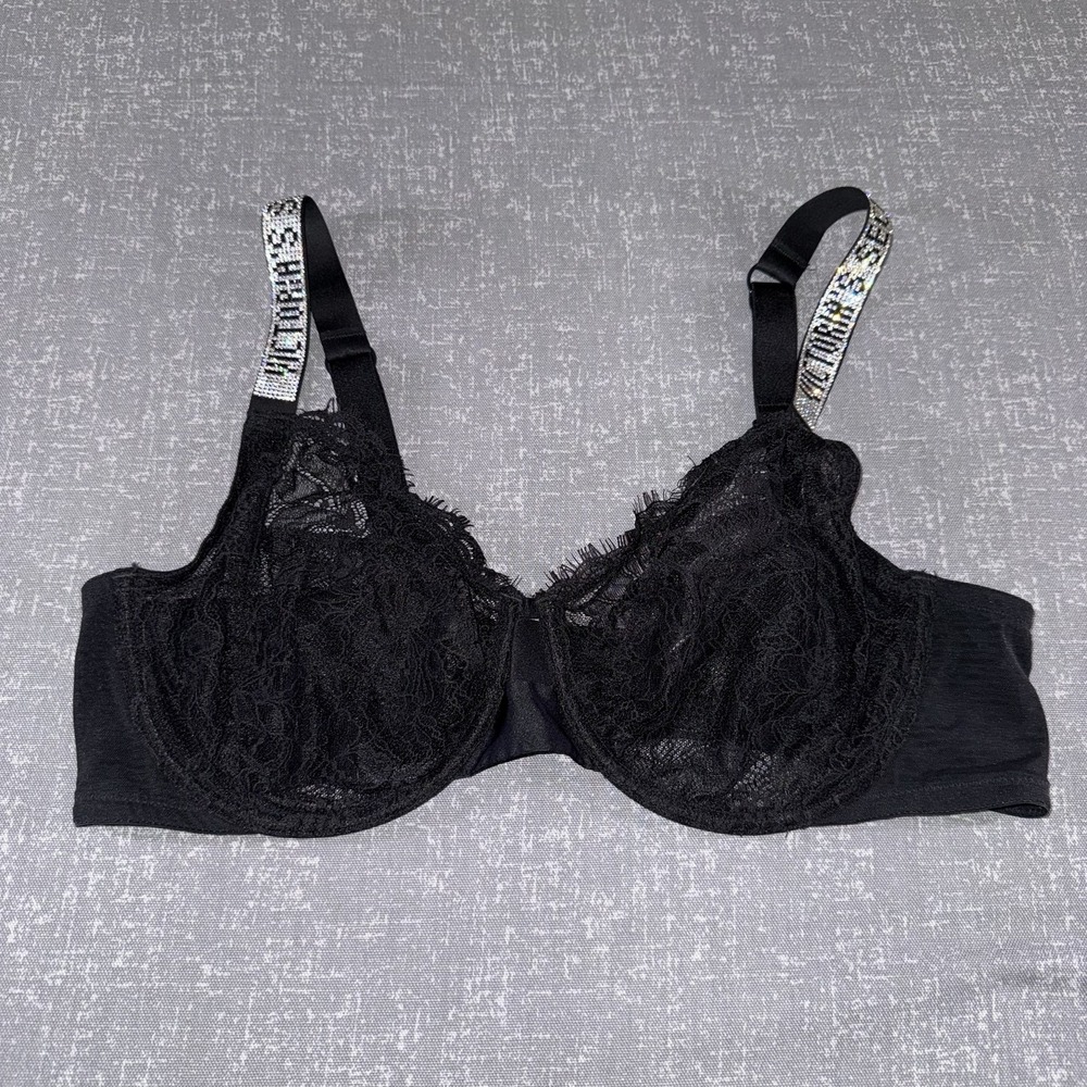 Victorias Secret Very Sexy Bra Womens 40D Black Lace Balconette Underwire Sheer